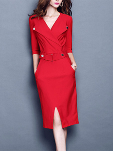 Robe Slim Fit gaine élégante robe Bodycon rouge Half Sleeve féminin