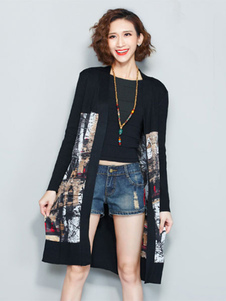 Cardigan noir chandails imprimés tricots occasionnels avant ouverte pour les femmes