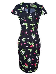 Wiggle impression cerise noire robe Bodycon femmes manches courtes Stand robe crayon col