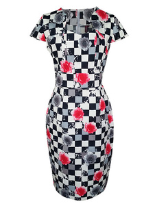 Nouvelles dames Checkered Bodycon impression Floral manches courtes fermeture éclair dos mince robe