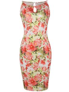 Trou de serrure sans manches robe Bodycon femmes rose robe crayon Camis imprimé Floral