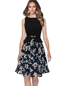 Mousseline de soie couleur bloc Patchwork Skater robe Slim Fit imprimé Floral sans manches évasée ro