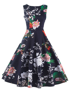 Bleu profond plissée à encolure dégagée sans manches impression rétro Vintage robe à fleurs