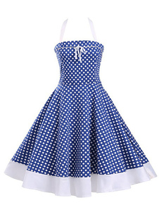 Vintage bleu robes Polka Dot Lace Up robes jupe ample sans manches féminines
