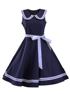 Vintage femmes robes robes de Flare Fit Slim plissé sans manches rubans