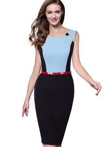 Midi Dresss Zipper crayon bicolore de la découpe robe des femmes avec ceinture