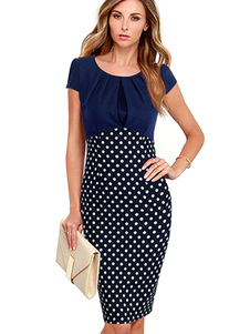 Gaine robe à pois bicolore manches courtes crayon des femmes