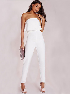 Blanc combinaison bustier femmes sans manches volantée combinaison Long dos nu