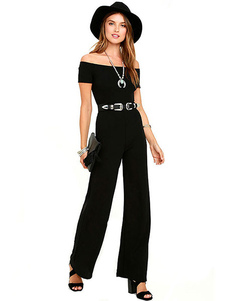 Jambes larges Jumpsuit en noir avec l’épaule manches courtes pour femmes