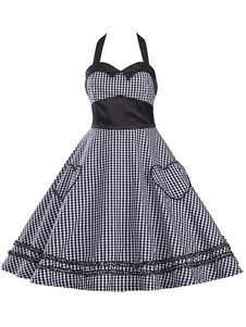 Vintage noir robes robes Plaid jupe Backless sans manches pour femmes