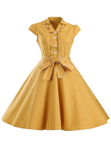 Col en v manches courtes Robes Vintage jaune féminine s’incline robes Casual Flare