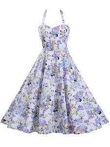 Vintage blanc robes robes de Floral impression Flare plissée dos-nu pour femmes