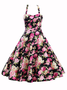 Vintage noir robes Floral Print Backless plissé jupe robes pour femmes