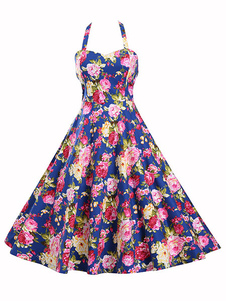 Robes de bleu Vintage Floral impression Strappy dos nu jupe robes pour femmes
