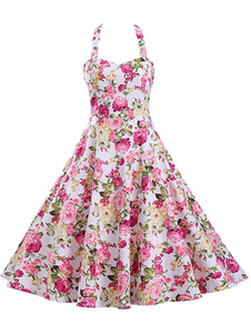 Vintage Rose robes Floral impression Strappy dos nu jupe robes pour femmes