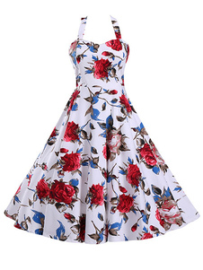 Robe Vintage blanc imprimé Floral Halter robe rétro plissée pour femmes