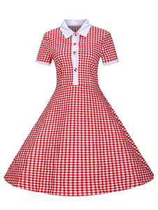 Robe rétro robe Vintage rouge bouton Plaided col Turndown manches courtes pour femmes