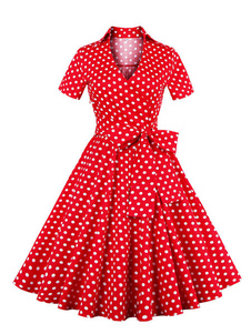 Robe Vintage rouge Polka Dot Bow manches courtes col en v robe rétro plissée pour femmes