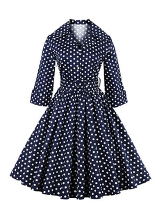 Robe Vintage Polka Dot bouton col Turndown Flare robe femmes avec ceinture