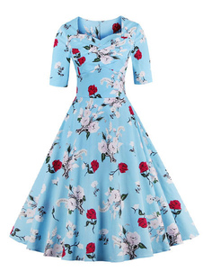 Robe Vintage bleue Floral Print demi-manchon Flare robe pour femmes