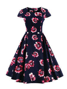 Robe de robe Vintage noir Floral Print Short Sleeve Square col évasé