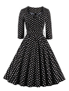 Polka Dot demi-manchon Flare robe robe Vintage féminines noire