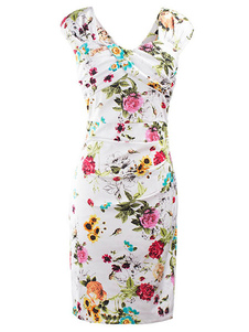 Blanc Bodycon impression Floral robe Sexy femmes Slim Vintage robe plissée