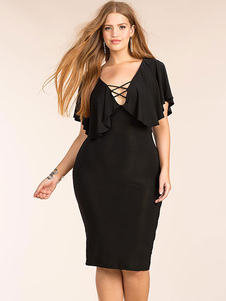 Robe fourreau robe Bodycon noire manches courtes col v Criss-Cross féminin