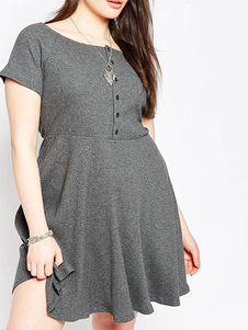 Flare a-line robe Skater gris robe manches courtes boutons féminines