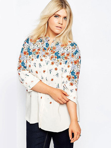 Blanc chemisier des femmes à manches longues imprimé Floral