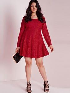 Manches longues robe de Skater robe rouge dentelle Vintage Style féminin