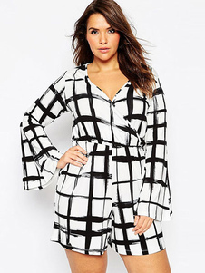 Barboteuse manches longues blanc col en v Combi plaided féminin