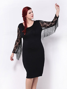 Noir surdimensionné dentelle manches longues robe de la robe femme avec frange