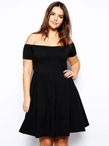 Hors-la-épaule manches courtes ruché robe Skater robe féminine noire