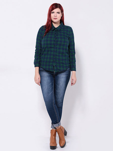 Manches longues bouton Boyfriend chemise Plaided Shirt femmes bleue