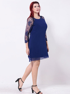 Femmes robe dentelle bleue de brodé Tulle transparent 3/4-longueur manches robe