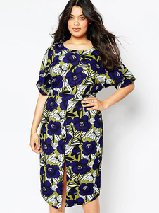 Manches courtes bleu Floral Print Dress féminines Split robe d’été