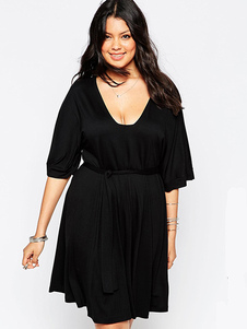 Robe d’été noir Street Fashion Robe col v profond avec cordon de serrage
