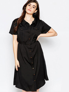 Noir manches courtes col boutonné mi-longues Shirt Dress de la femme