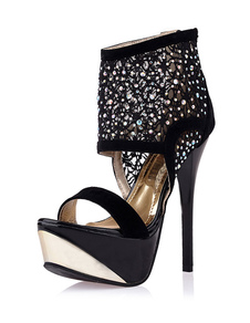 Sandale noir bottes Stiletto bottes courtes plateforme haut talon bottines daim strass féminines