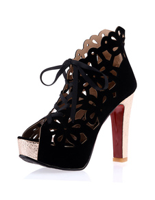 Plateforme sandale bottes daim bottes pour dames noir court découper Peep Toe Booties