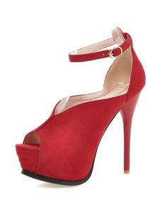 Peep rouge Suede Platform cheville sangle hauts talons Toe pompes féminines