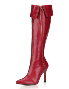 Knee High bottes femmes PU cuir pointu fermeture éclair haut talon pour l’hiver