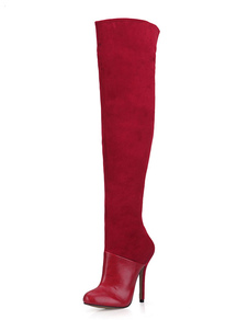 Daim rouge bottes femmes rondes Toe talon haut au-dessus du genou Bottes pour l’hiver
