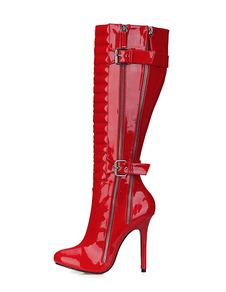 Bottes montantes rouges boucle talon haut de Zippés en cuir verni au-dessus du genou bottes