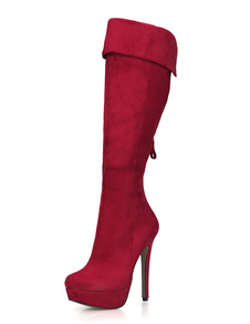 Plateforme bottes daim rouge ronde genou Sexy haute Boots(5.5) Toe Zipper féminin