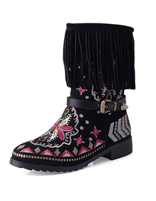 Bottillons féminines Bohème gland bottes en daim noir Embrodidered ronde Toe talon Chunky Slip-on Co