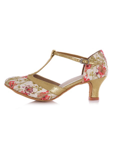 Danse de salon chaussures rondes Toe Floral Print T-strap chaussures à talons hauts femmes