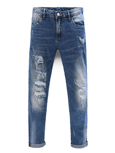 Jeans bleu pour hommes en Difficulté solide droite Denim Pants