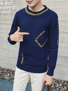 Chandail bleu manches longues pull solide tricots hommes